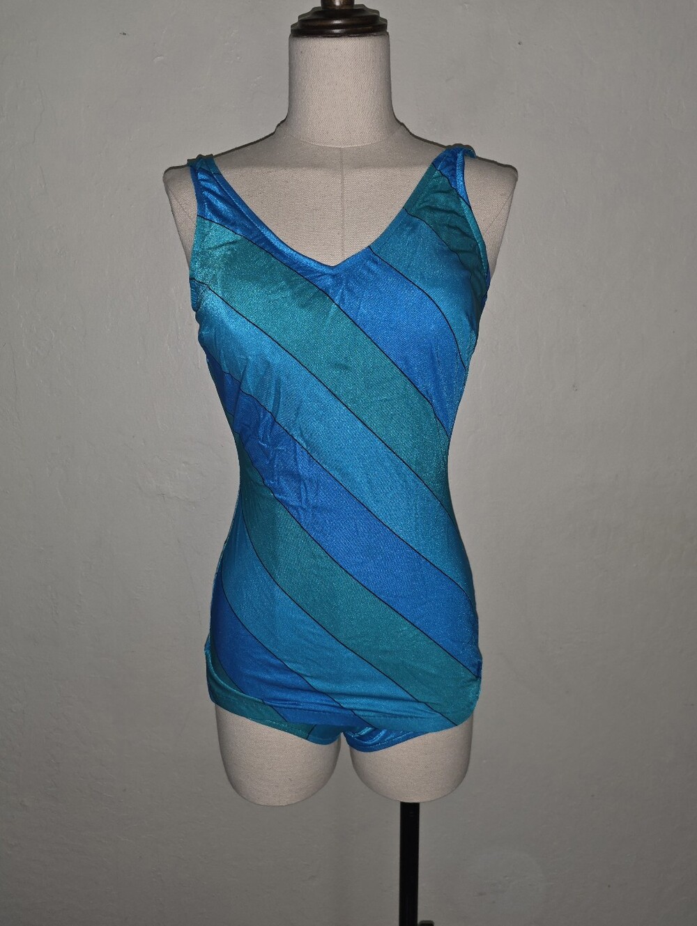 Vintage Maxine of Hollywood 1960s 1970s Blue Green Stripe One-Piece Swimsuit